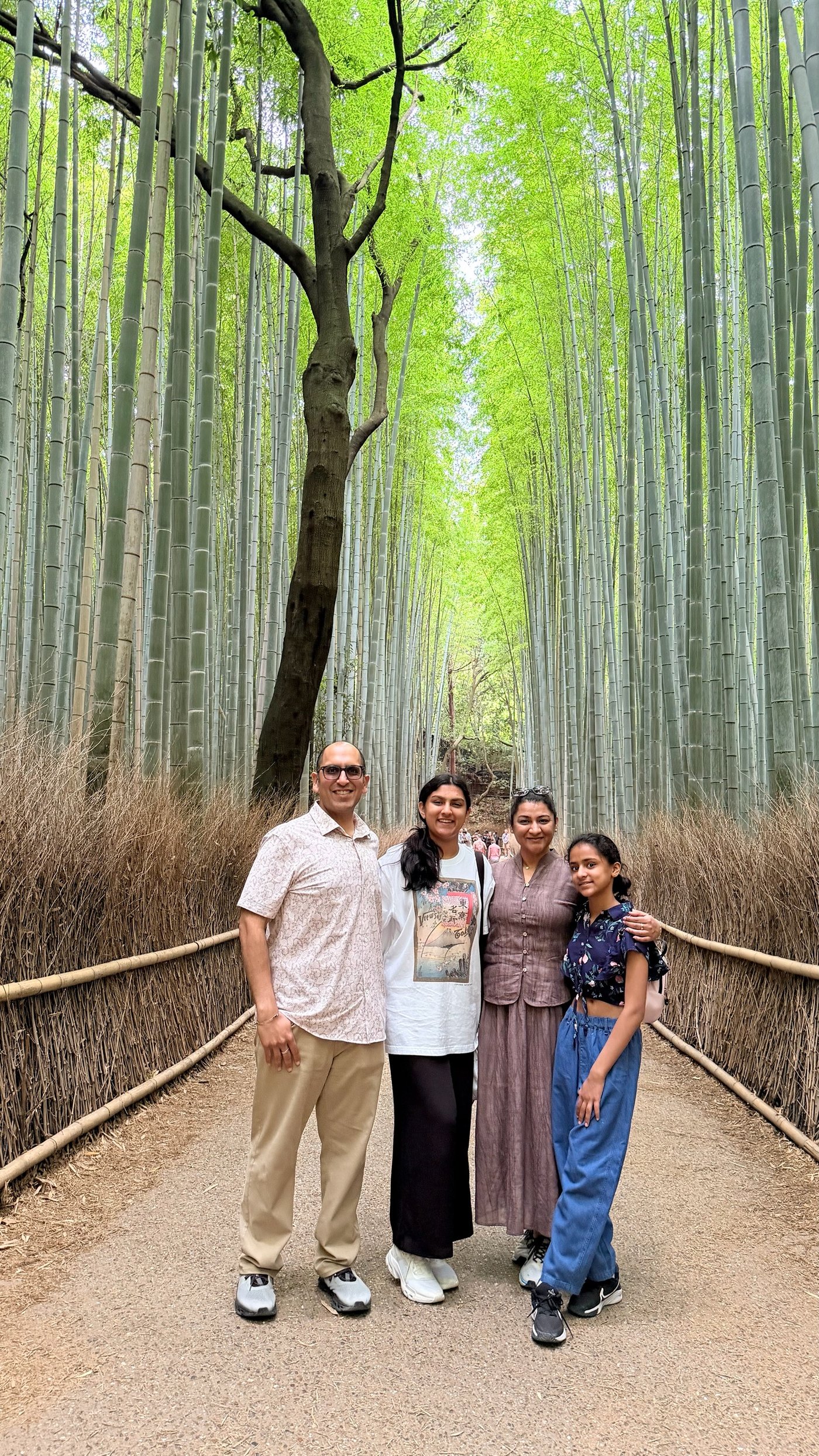 The family in the Arashiyama bamboo grove, early morning